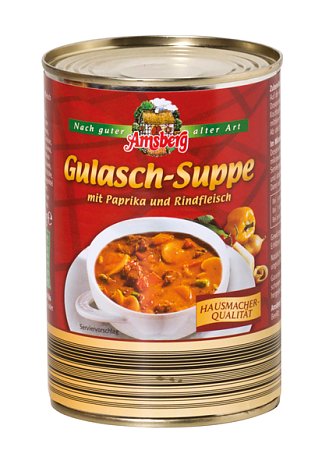 Bild: Die Gulasch-Suppe von  Amsberg Feinkost soll laut  Werbeaussage  Hausmacherqualit&auml;t � nach  guter alter Art bieten. Doch zu  finden ist darin  Mononatriumglutamat
