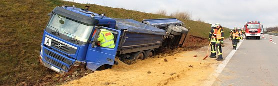 Umgekippter LKW (Foto: Feuerwehr Heiligenstadt) Umgekippter LKW (Foto: Feuerwehr Heiligenstadt)