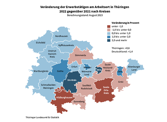 Bild: Ver&auml;nderung der Erwerbst&auml;tigen am Arbeitsort in Th&uuml;ringen 2022 gegen&uuml;ber 2021 nach Kreisen