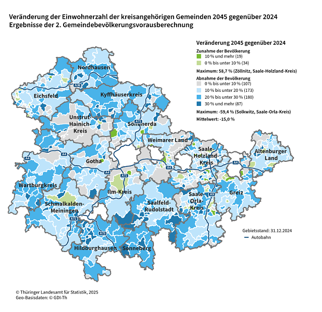 Bild: Ergebnisse der 2. Gemeindebev&ouml;lkerungs&shy;vorausberechnung f&uuml;r Th&uuml;ringen