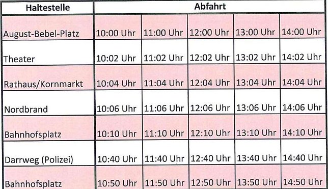 Bild: Fahrplan des Busshuttles