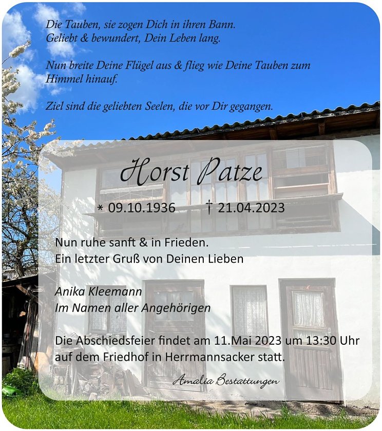 Traueranzeige Horst Patze (Foto: Amalia Bestattungen)