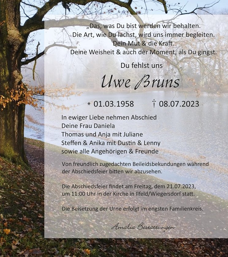 Traueranzeige Uwe Bruns (Foto: Amalia Bestattungen)