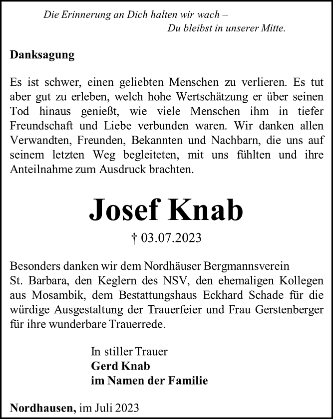 Danksagung Josef Knab (Foto: Bestattungshaus Eckhard Schade)