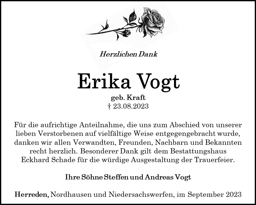 Danksagung Erika Vogt (Foto: Bestattungshaus Eckhard Schade)