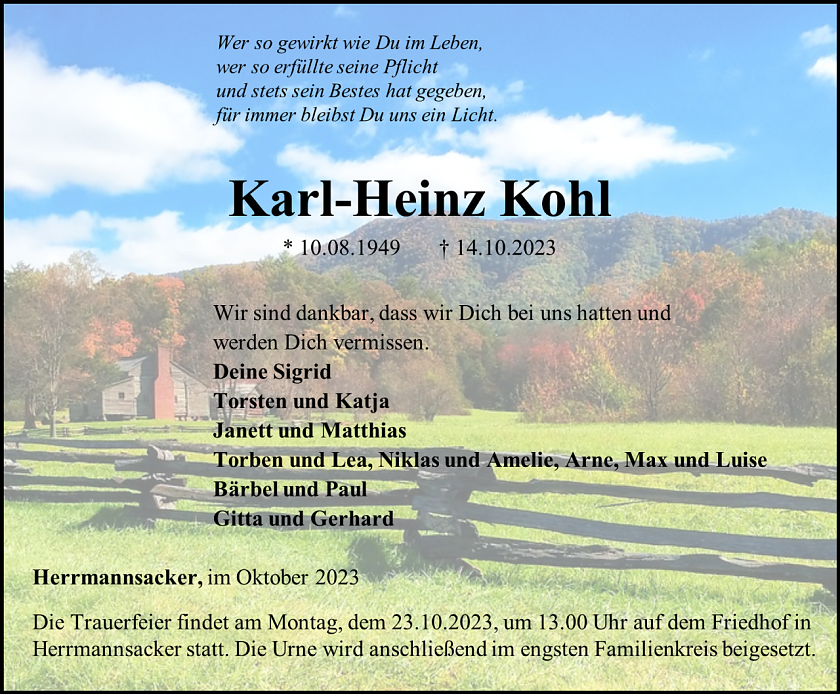 Traueranzeige Kohl (Foto: Bestattungshaus Schade)