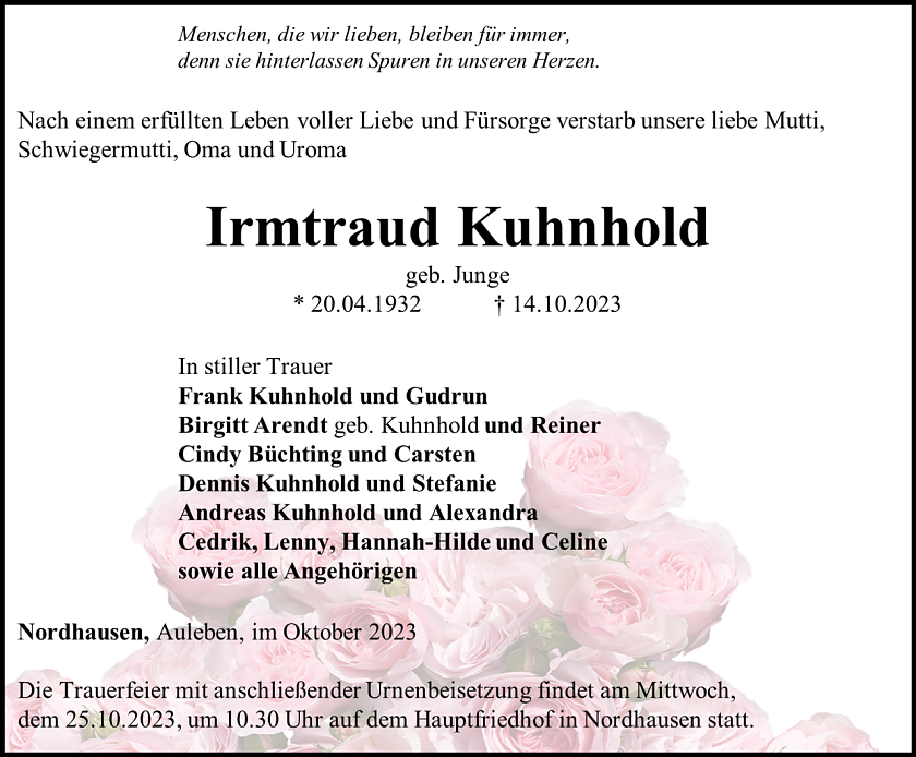 Traueranzeige Kuhnhold (Foto: Bestattungshaus Eckhard Schade)