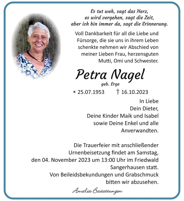 Traueranzeige Petra Nagel (Foto: Amalia Bestattungen)