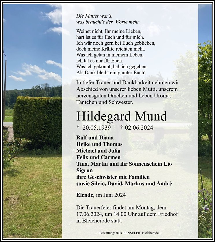 Traueranzeige Hildegard MUND (Foto: Bestattungshaus PENSELER)