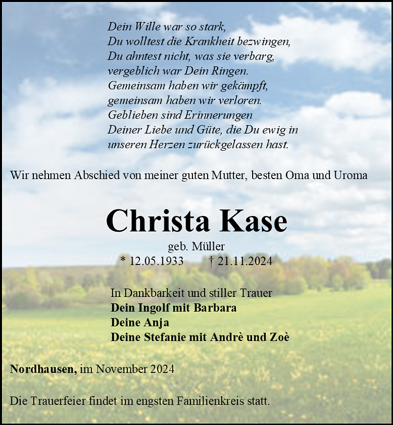 Traueranzeige (Foto: Bestattungshaus Eckhard Schade)