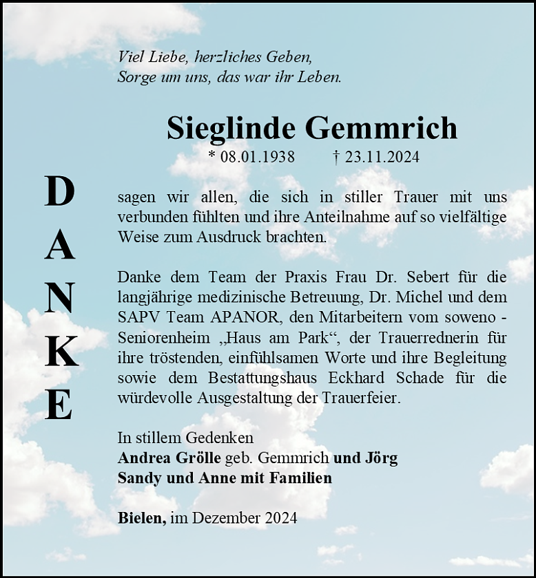 Danksagung (Foto: Bestattungshaus Eckhard Schade)