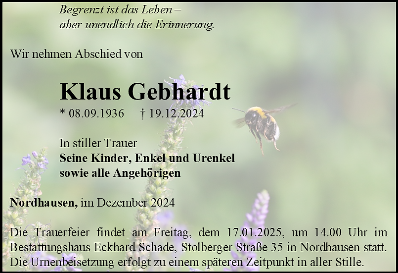 Traueranzeige (Foto: Bestattungshaus Schade)