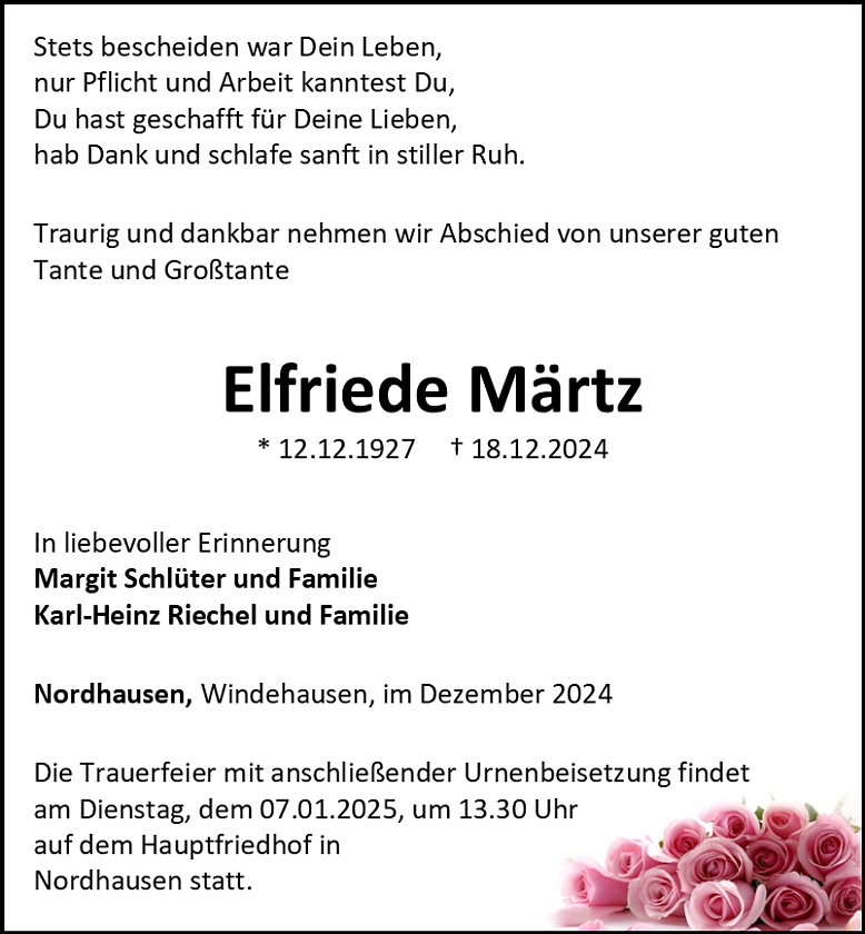 Traueranzeige (Foto: Bestattungshaus Schade)