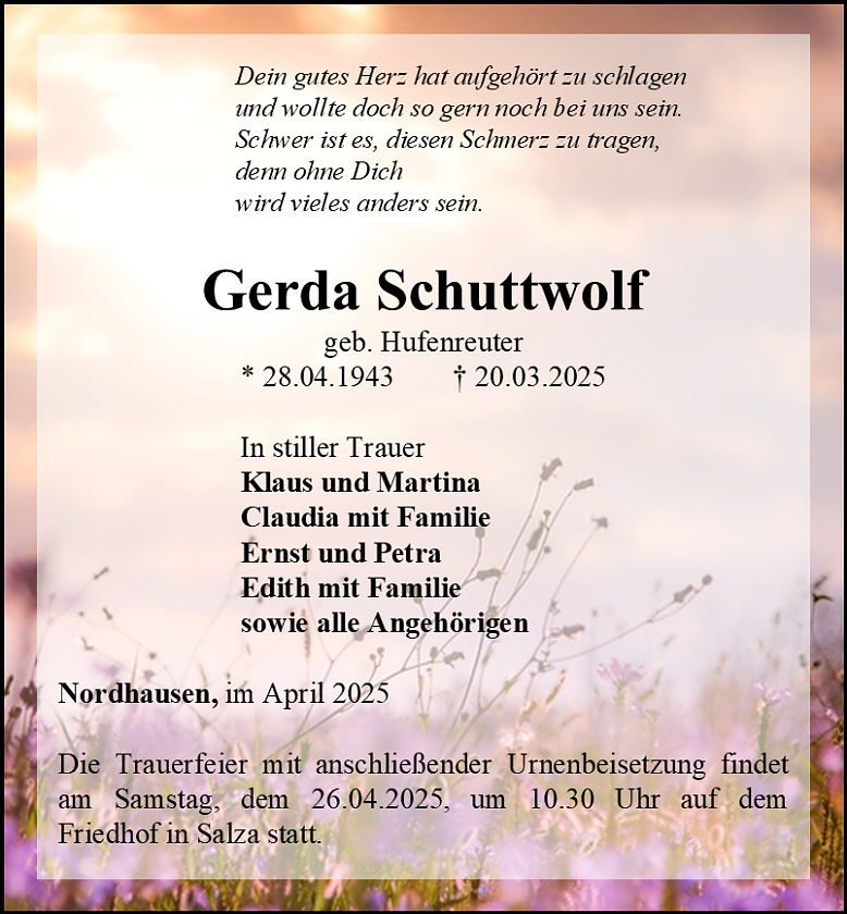 Traueranzeige (Foto: Bestattungshaus Eckhard Schade)