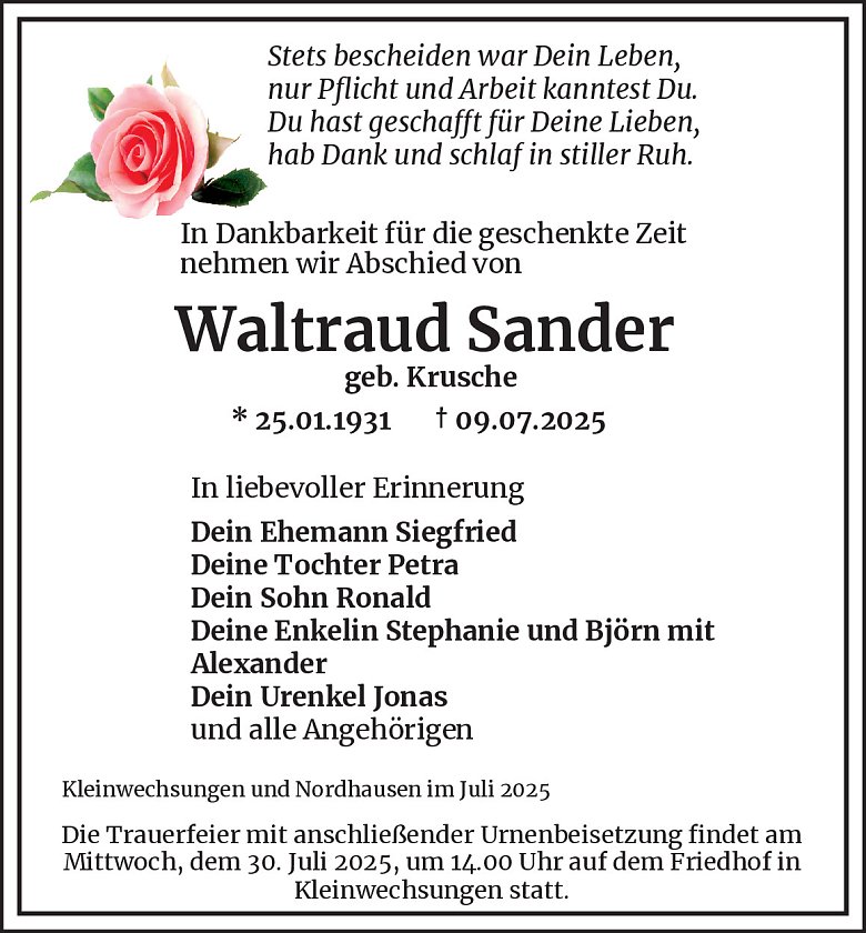 Traueranzeige (Foto: Bestattungsinstitut Westerhausen)