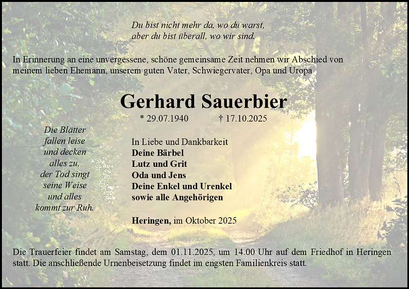 Traueranzeige (Foto: Bestattungshaus Schade)