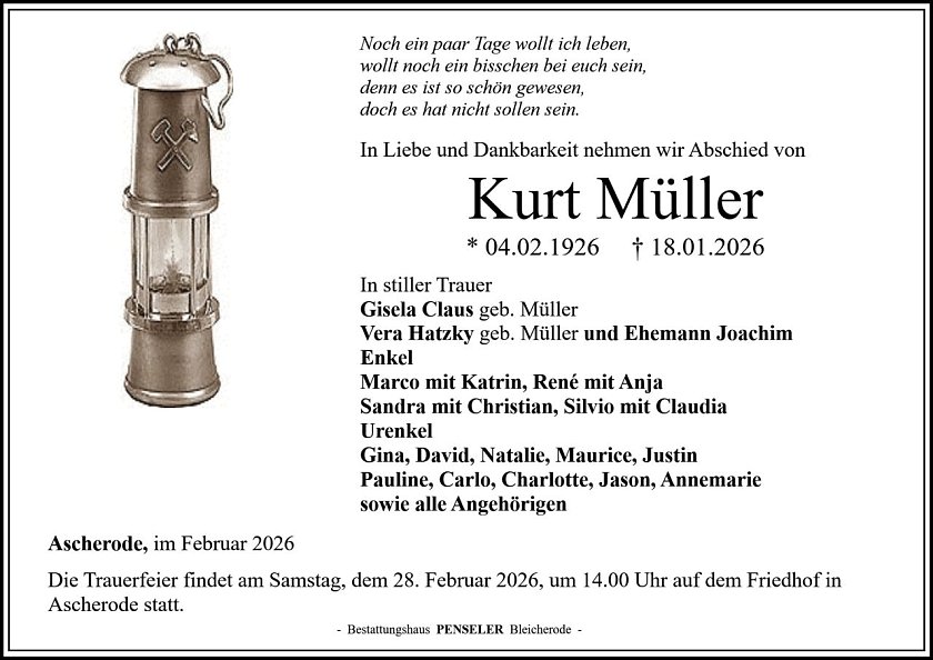 Traueranzeige Herr Kurt M&uuml;ller (Foto: Bestattungshaus PENSELER)