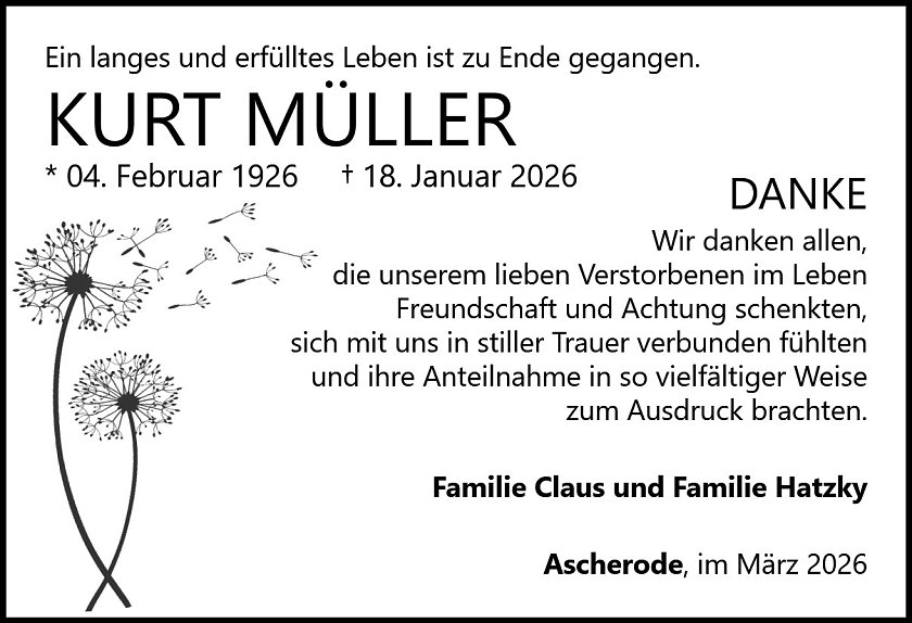 Danksagung im Trauerfall Kurt M&uuml;ller (Foto: Bestattungshaus PENSELER)