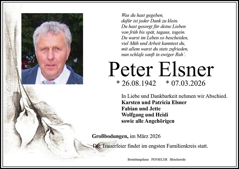 Traueranzeige im Sterbefall Peter Elsner (Foto: Bestattungshaus PENSELER)