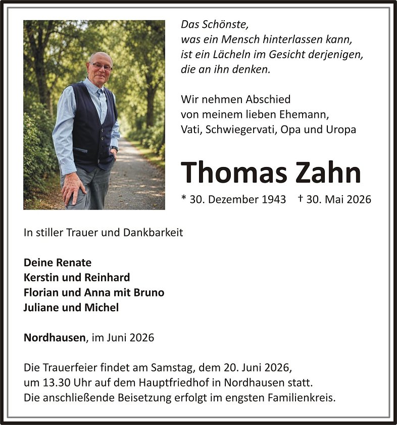 Traueranzeige Thomas Zahn (Foto: keine Angaben)
