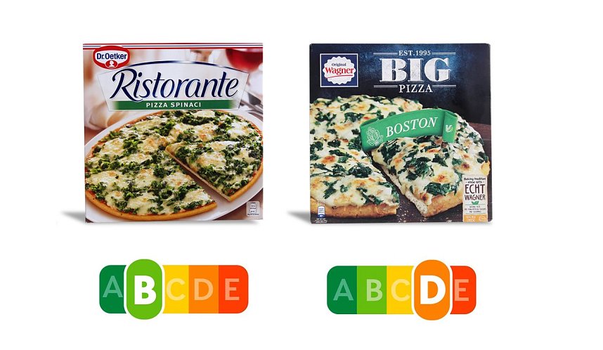 Spinat-Pizza gleich Spinat-Pizza? Weit gefehlt. Die Ristorante Pizza von Dr. Oetker enth&auml;lt weniger Fett, weniger Salz, weniger Kalorien und deutlich mehr Gem&uuml;se als die Big Pizza Boston von Wagner. Mit dem Nutri-Score l&auml;sst sich das ausgewogenere Produkt sofort erkennen.